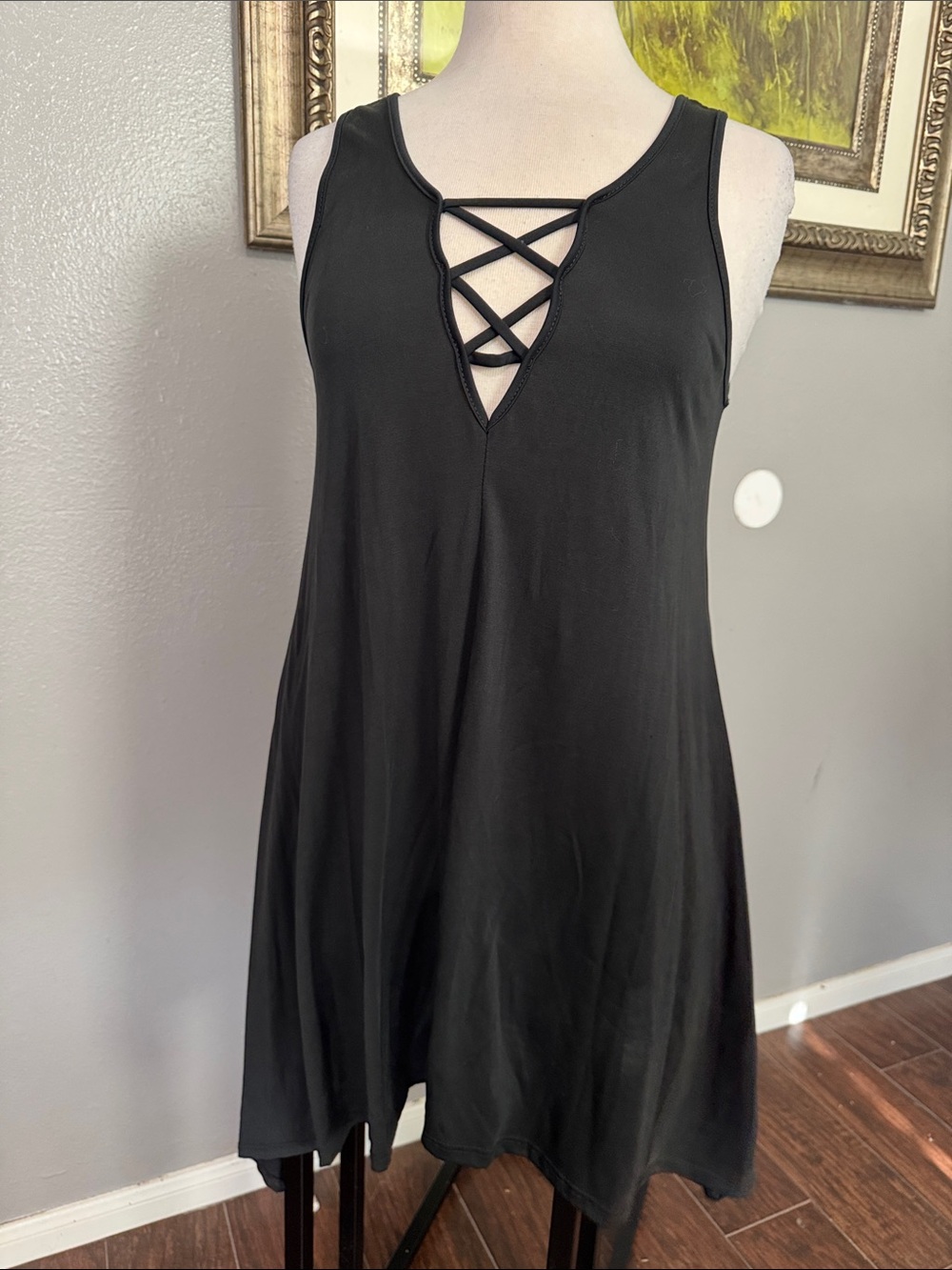 Black Sleeveless Mini Dress with Crisscross V-Neck